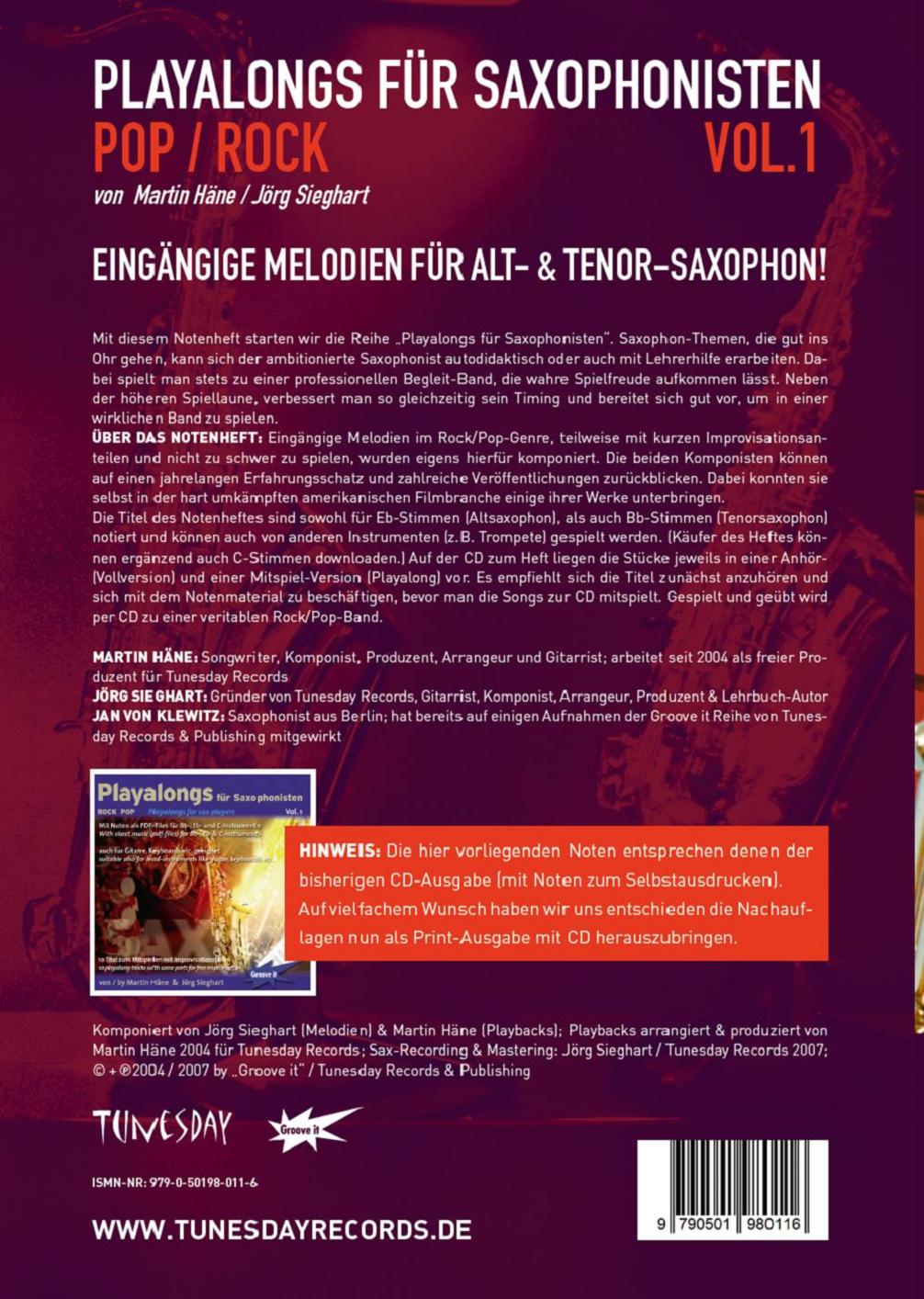 Playalongs fÃ¼r Saxophonisten Vol. 1 - Rock/Pop